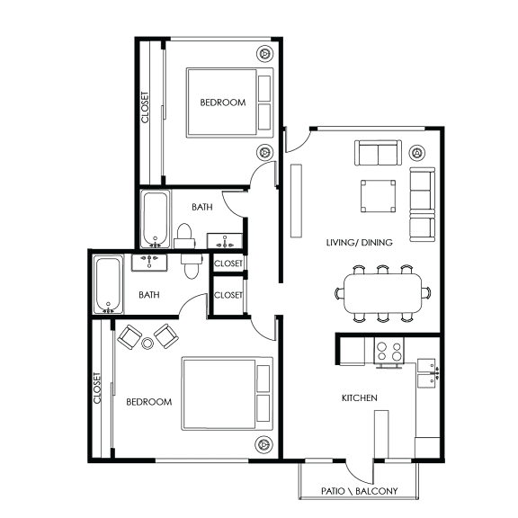 A floor plan of a house with two bedrooms, a living/dining area, a kitchen, and a pantry/balcony.