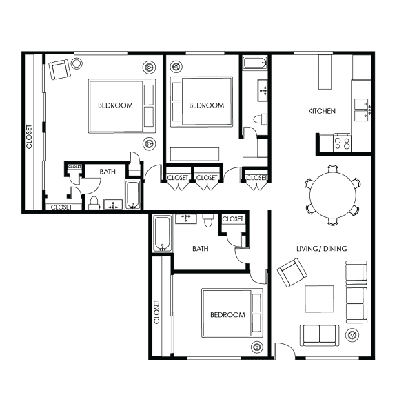 A floor plan of a house with two bedrooms, a bathroom, a kitchen, a living/dining area, and a closet.