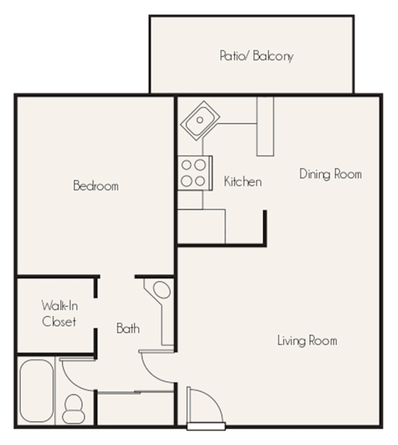 A floor plan of a house showing a living room, dining room, kitchen, bath, bedroom, and walk-in closet.