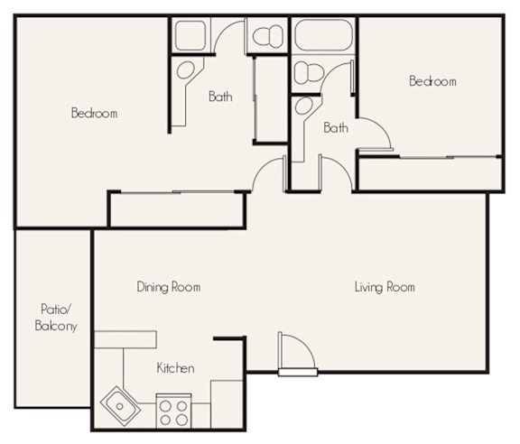 A floor plan of a house with two bedrooms, a living room, a dining room, a kitchen, and a patio/bakery.