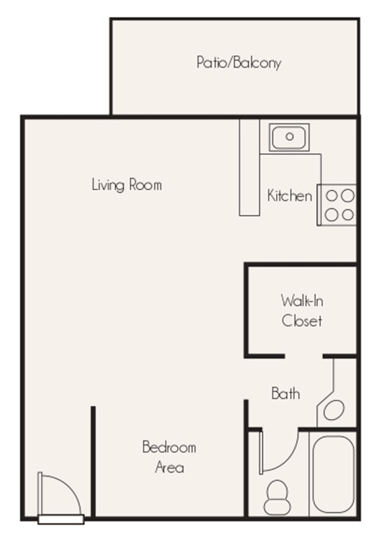 A simple floor plan of a small apartment with a living room, kitchen, bedroom, bathroom, and a patio/balcony.