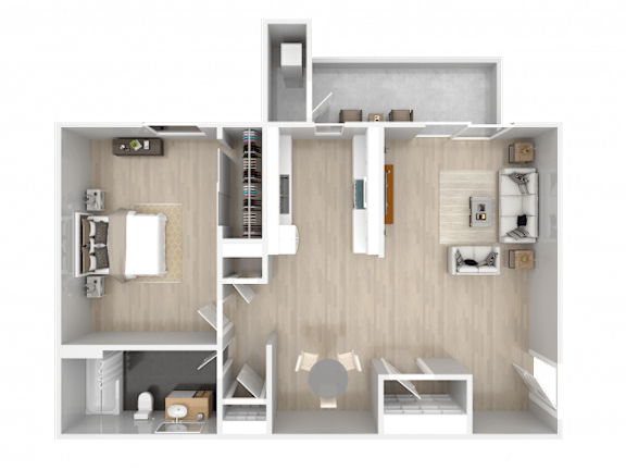 A 3D floor plan of a house with a kitchen, living room, and two bedrooms.