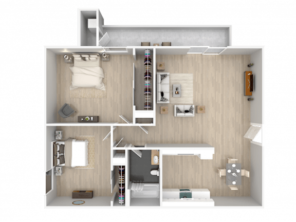 A 3D floor plan of a small apartment with a bedroom, living room, and kitchen.