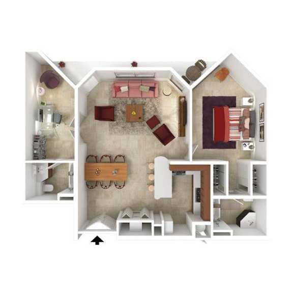 A top down view of a house layout with a living room, kitchen, dining room, and bedrooms.