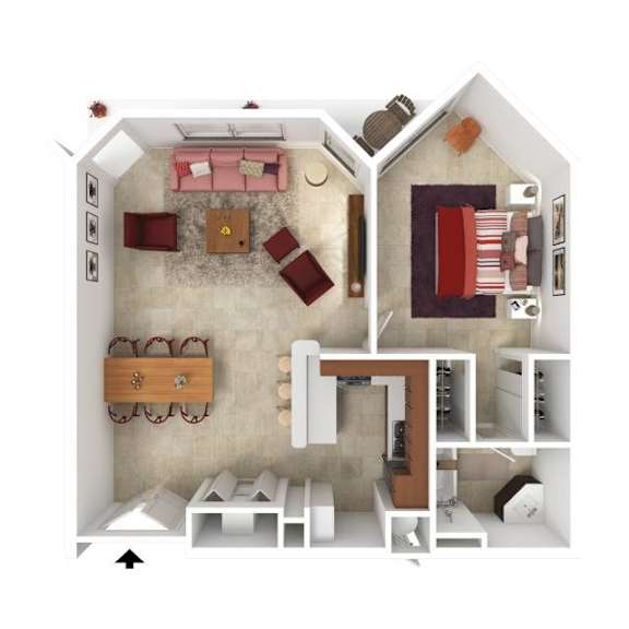 A top down view of a small apartment with a kitchen, living room, and bedroom.