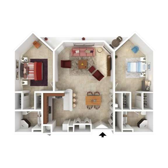 A top down view of a house interior with a kitchen, living room, and bedrooms.
