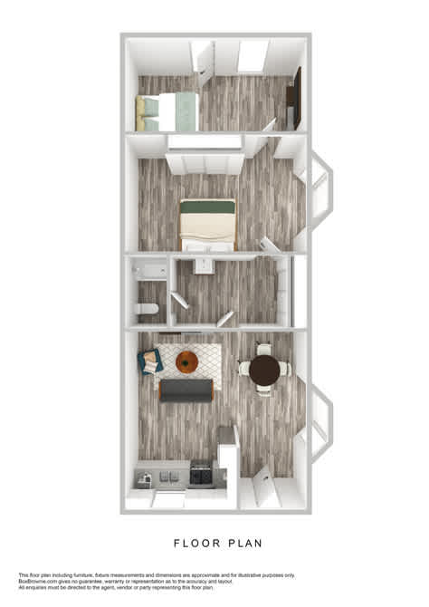 A floor plan of a small apartment with a kitchen, living room, and bedroom.