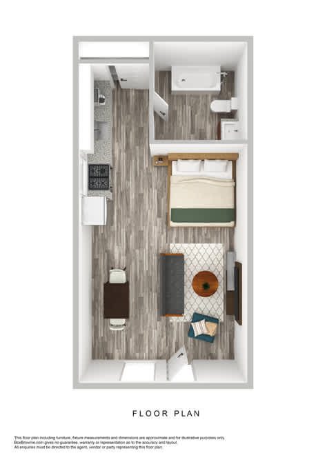 A floor plan of a bedroom with a bed, dresser, and nightstand.