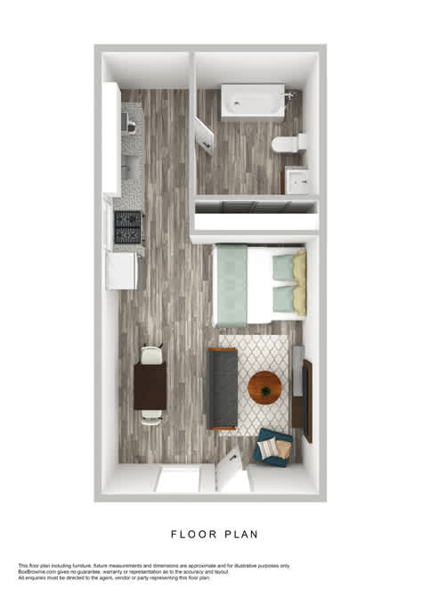A floor plan of a room with a kitchen area, a living room, and a bathroom.