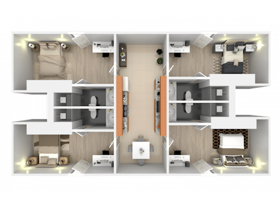 A 3D floor plan of a house with two bedrooms, a living room, a kitchen, and a bathroom.