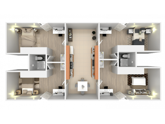 A 3D floor plan of a house showing a kitchen, living room, dining room, and two bedrooms.