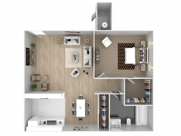 A 3D floor plan of a small apartment with a kitchen, living room, and bedroom.