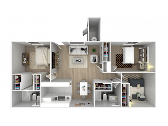 A 3D floor plan of a small apartment with a kitchen, living room, and bedroom.