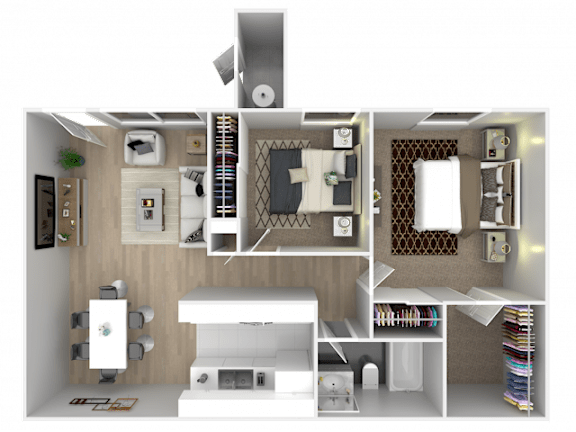 A 3D floor plan of a small apartment with a kitchen, living room, and bathroom.