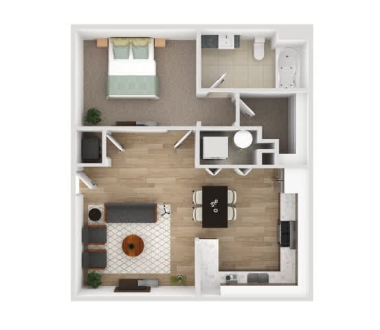 A top-down view of a modern apartment layout with a kitchen, living room, and bathroom.