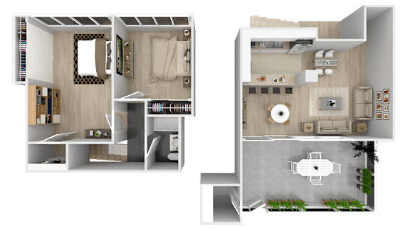 A split-level floor plan of a modern apartment with a living room, kitchen, and bathroom on the left, and a dining area, kitchen, and bathroom on the right.