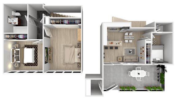 A 3D rendered image of a house layout with two floor plans.