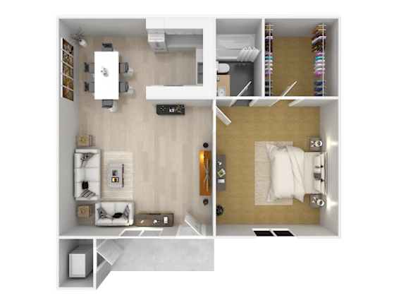 A top-down view of a small, neatly organized apartment with a bedroom, living room, and kitchen.