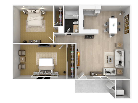 A top-down view of a small apartment with a living room, kitchen, and bedroom.