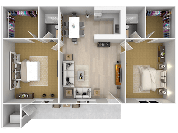 A 3D floor plan of a small apartment with a kitchen, living room, and bathroom.