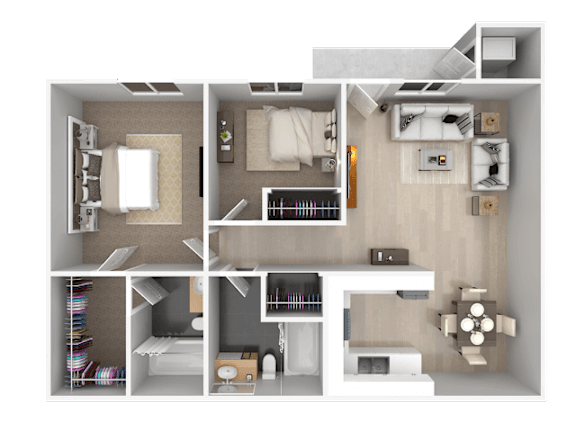 A 3D rendered image of a small apartment layout.