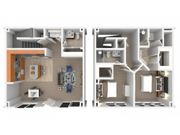 Two floor plans of a house with a kitchen, living room, and bedrooms.
