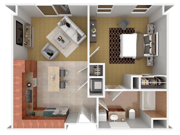 A 3D floor plan of a house showing a kitchen, living room, dining room, and bathroom.