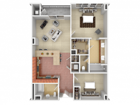 A 3D floor plan of a house with a kitchen, living room, and bedrooms.