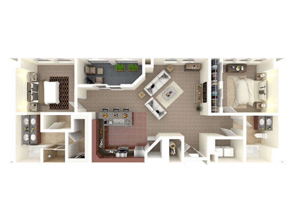 A detailed 3D floor plan of a house showing all rooms and their furnishings.
