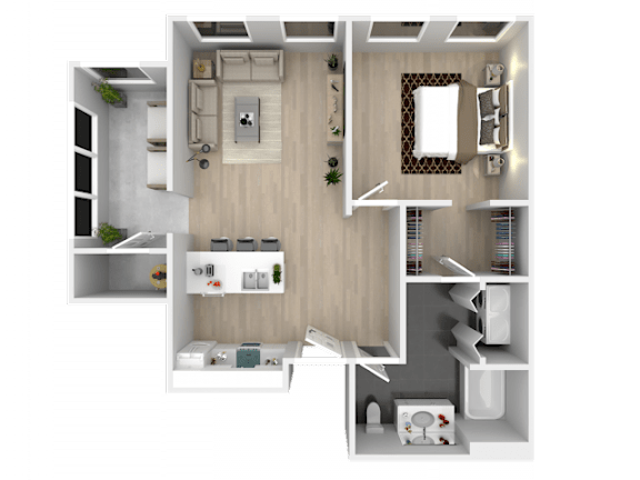 A top-down view of a modern apartment layout with a kitchen, living room, and bathroom.