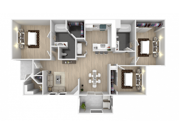 A 3D floor plan of a house with multiple rooms and furniture.