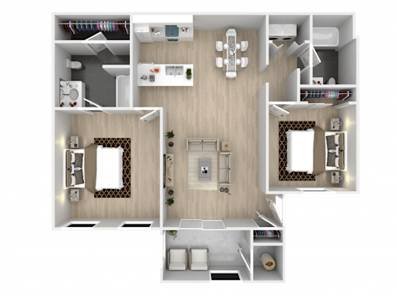 A 3D floor plan of a house with two bedrooms, a living room, a kitchen, and a bathroom.