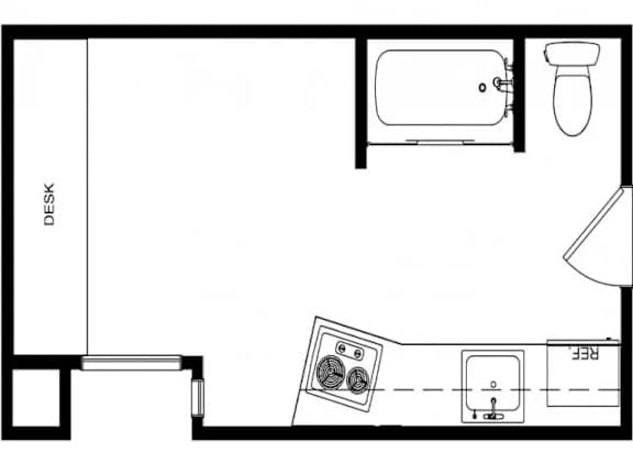A drawing of a room with a desk and a bathroom.
