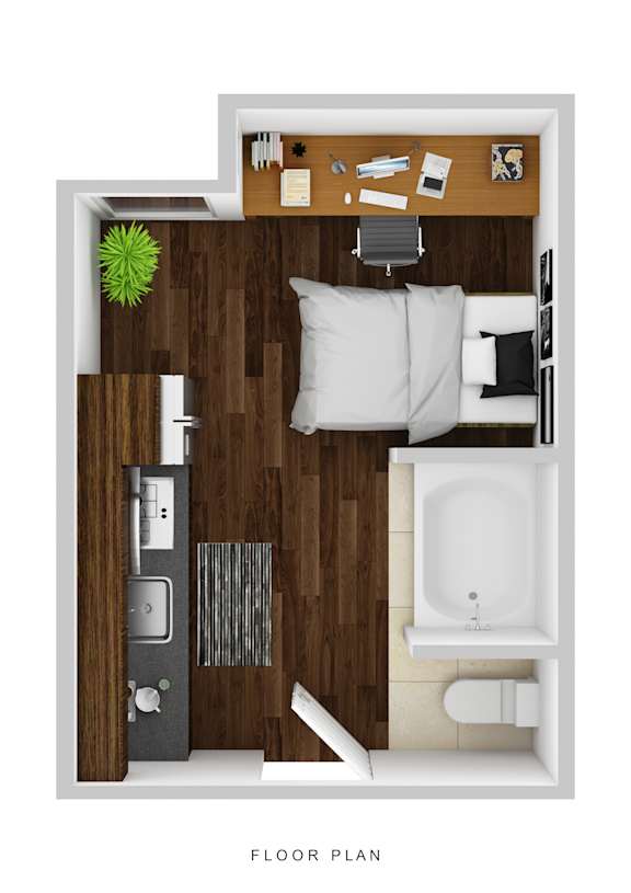 A floor plan of a small apartment with a bed, desk, and kitchenette.