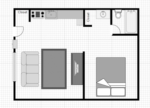 Floor Plan  A floor plan of a small apartment with a bedroom, bathroom, and living room.