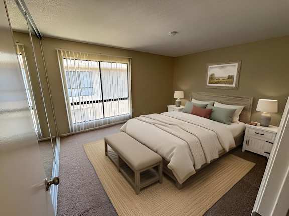 A bedroom with a large bed and a window with blinds.