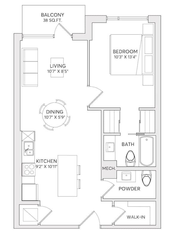 A black and white image of a floor plan for a one bedroom apartment.