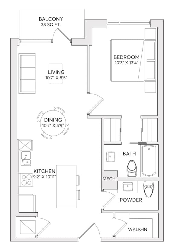 A floor plan of an apartment with a living room, dining room, kitchen, and bathroom.