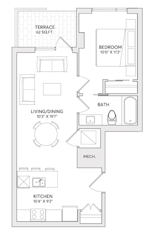 A floor plan of a small apartment with a kitchen, living room, bathroom, and bedroom.