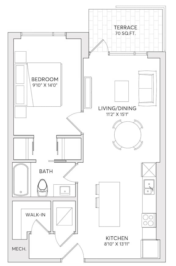 A floor plan of a small apartment with a terrace.