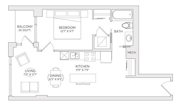 A floor plan of a home with a living room, dining room, kitchen, bedroom, and bathroom.