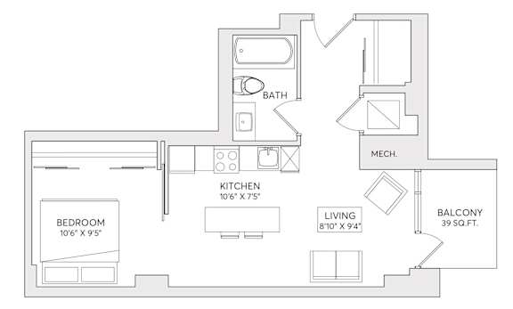 A floor plan of a small apartment with a bedroom, kitchen, living room, and bathroom.