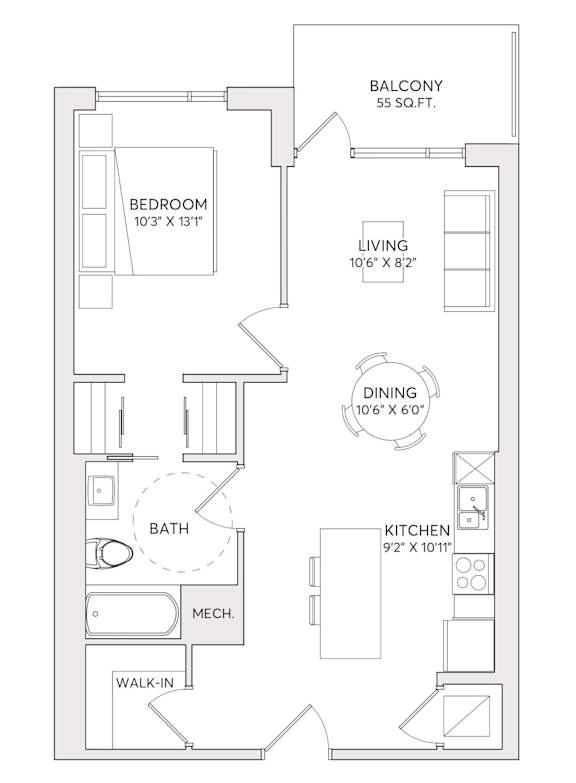 A floor plan of an apartment with a balcony, bedroom, living room, dining room, kitchen, bath, and walk-in mech.