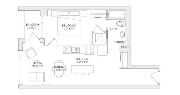 A floor plan of a small apartment with a living room, kitchen, dining room, bedroom and bathroom.