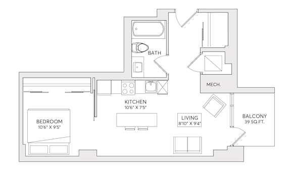 A floor plan of a home with a bedroom, bathroom, kitchen, living room, and balcony.