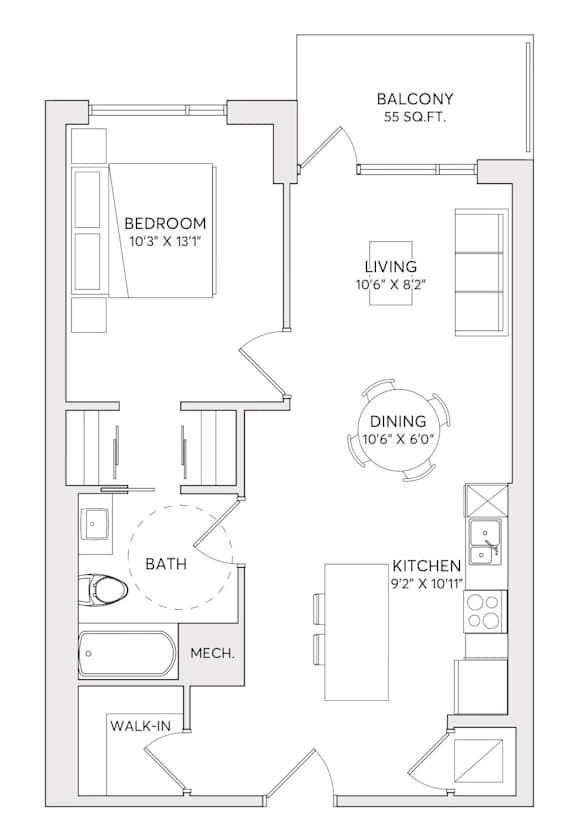A floor plan of an apartment with a balcony, bedroom, living room, dining room, kitchen, bath, and a walk-in.