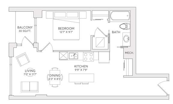 A floor plan of a small apartment with a living room, kitchen, bedroom, and bathroom.