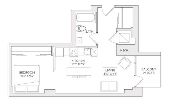 A floor plan of a small apartment with a bedroom, kitchen, living room, and bathroom.