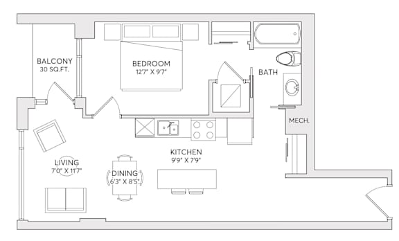 A floor plan of a small apartment with a living room, kitchen, bedroom, and bathroom.