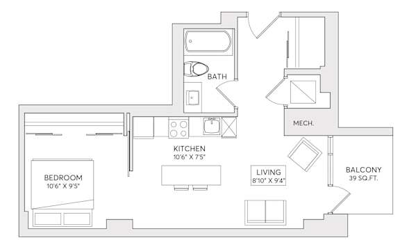 A floor plan of a home with a bedroom, kitchen, living room, and balcony.